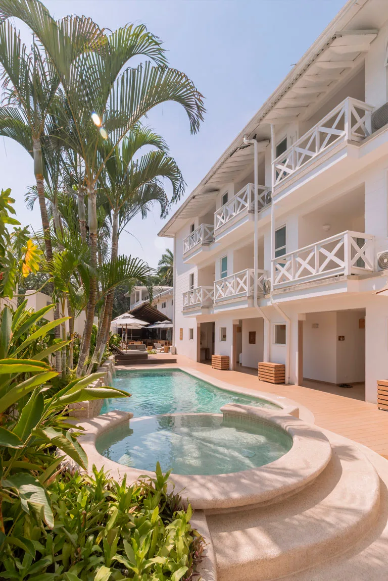 Hotel courtyard with jacuzzi and balconies